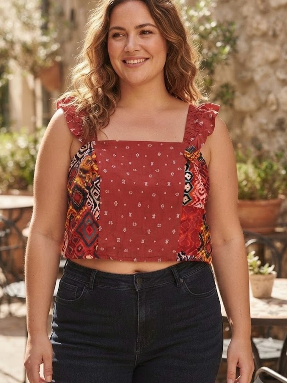 Torrid Rust Terracotta Boho Patchwork Ruffle Strap Crop Top Peasant Hippie Aztec